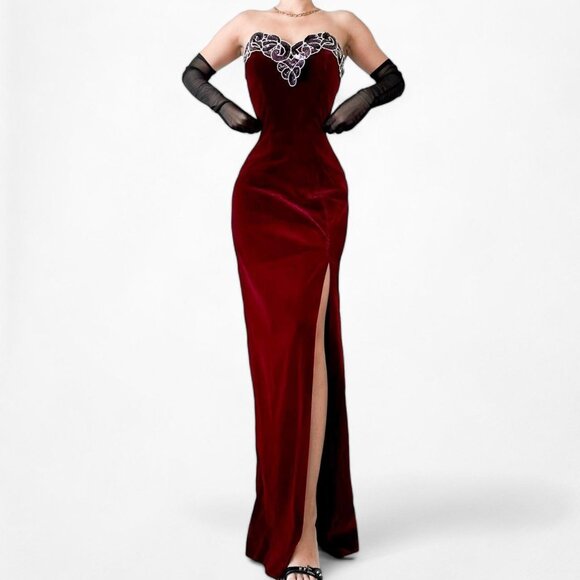Vintage Burgundy Red Strapless Sequin Beaded Velvet Bodycon Maxi Slit Prom Dress - Picture 2 of 7